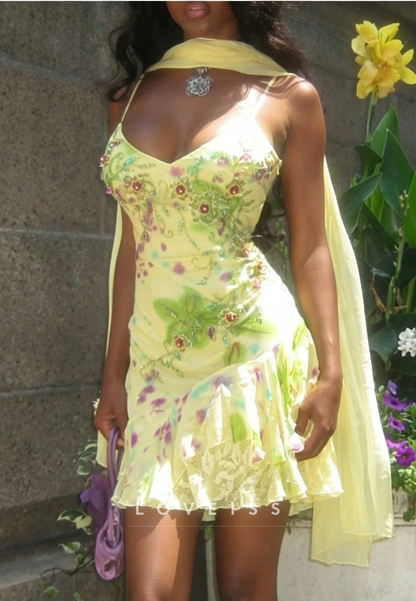 Embroidered Floral Mini Dress with Matching Shawl
