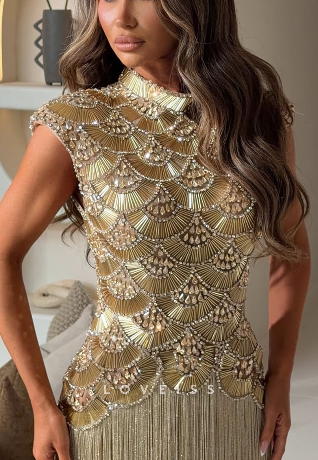 Beaded Fringe High Neck Cap Sleeve Evening Gown
