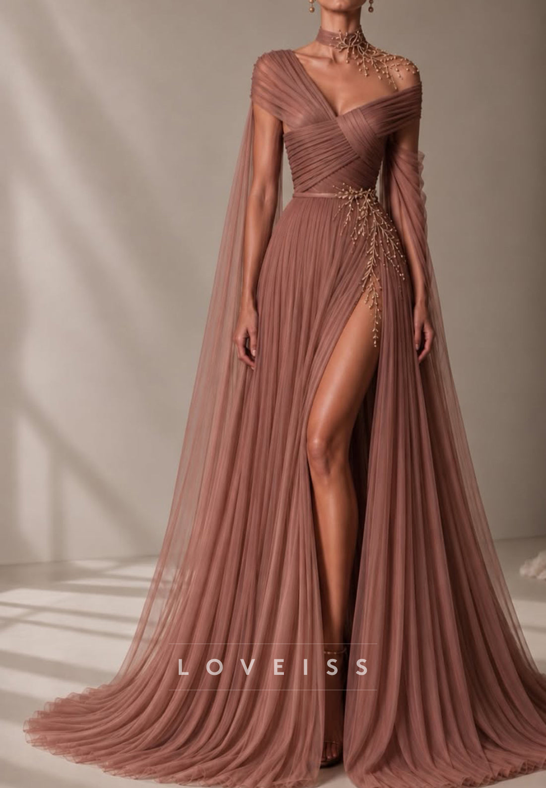 Pleated Off-Shoulder Tulle Gown with High Slit