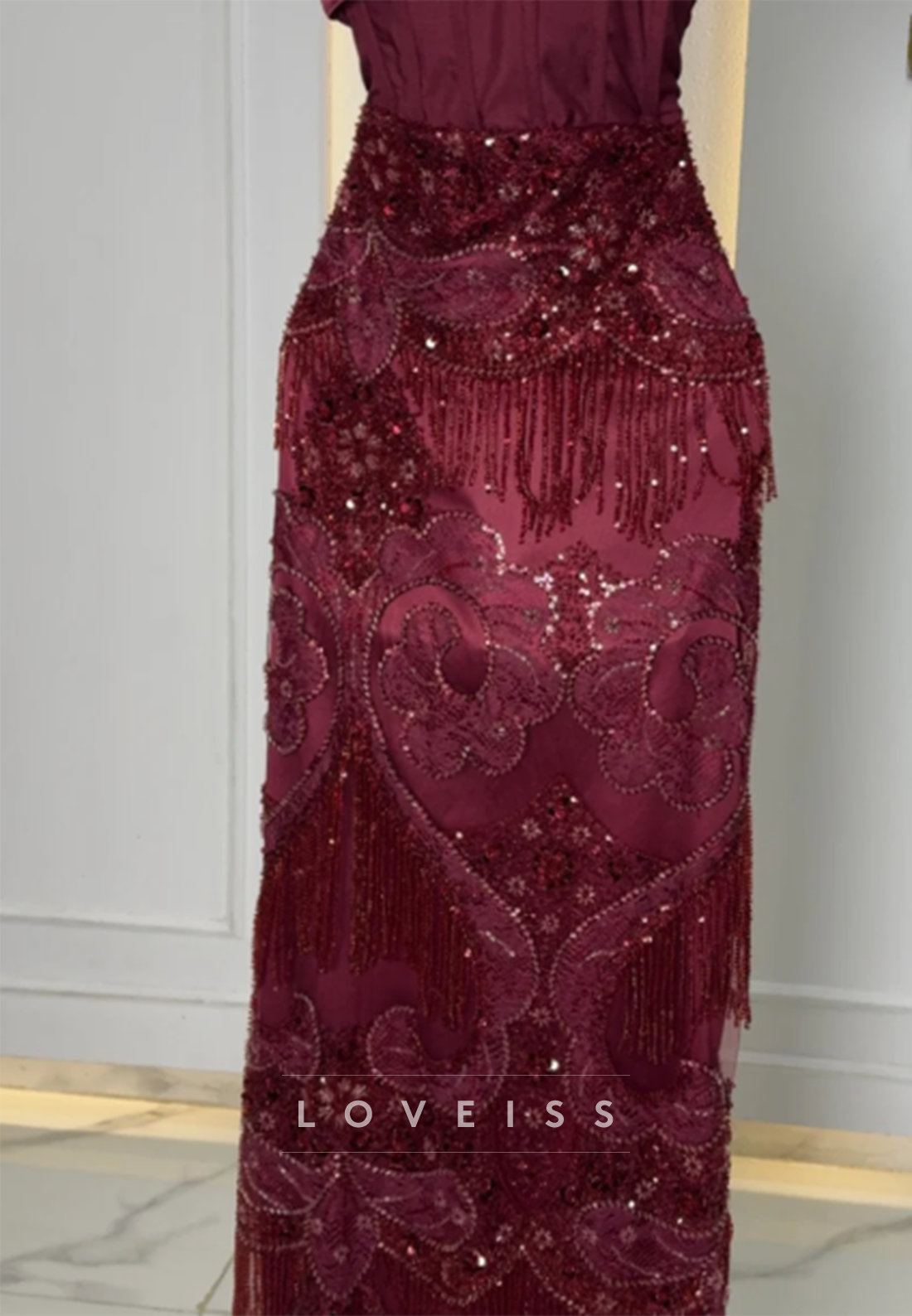 Off-the-Shoulder Beaded Fringe Column Gown