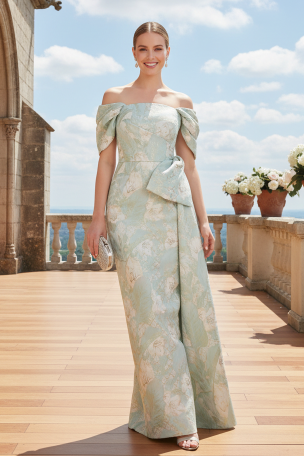 Off-the-Shoulder Jacquard Column Gown with Side Bow