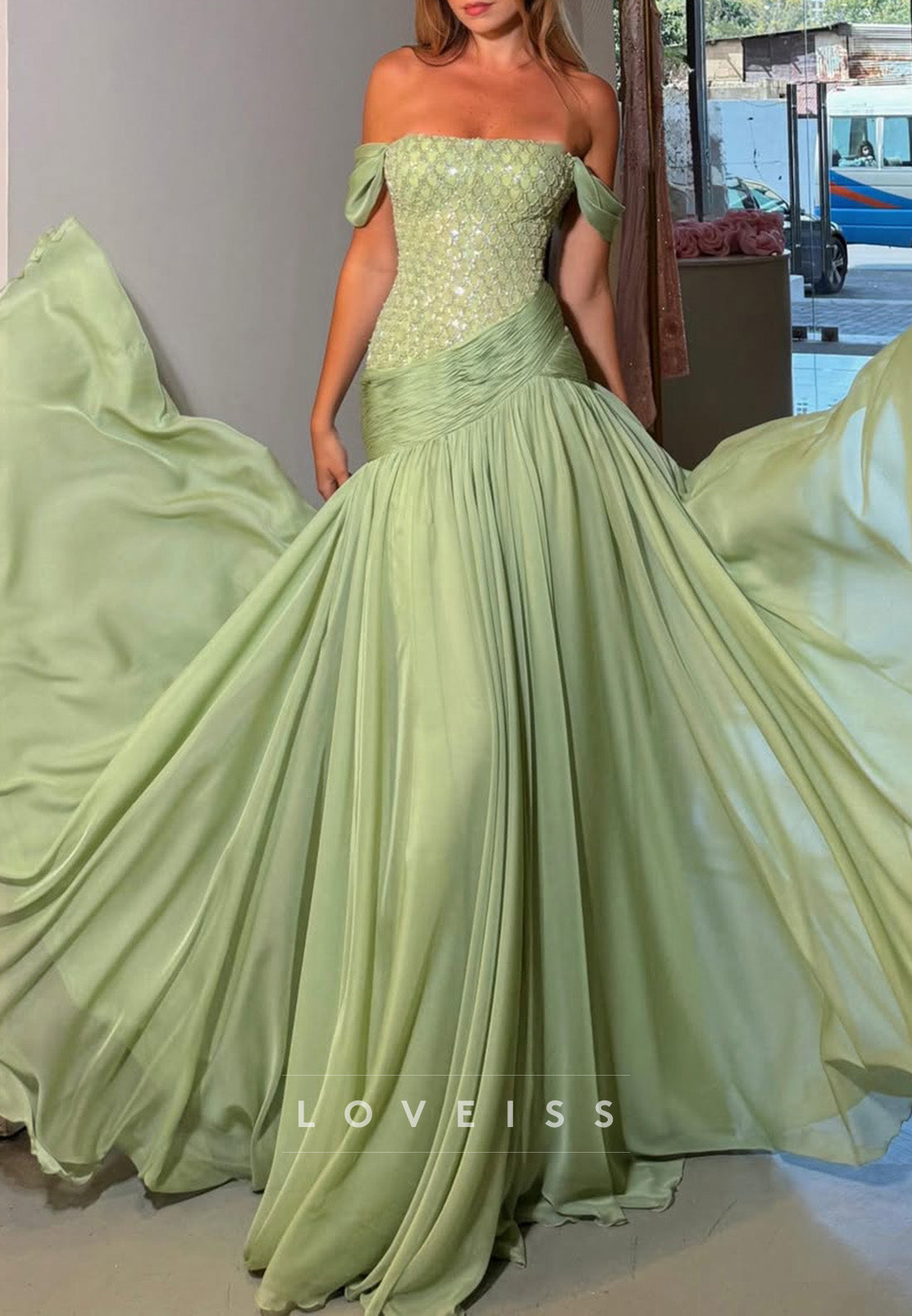 Beaded Bodice Off-Shoulder Gown with Pleated Skirt