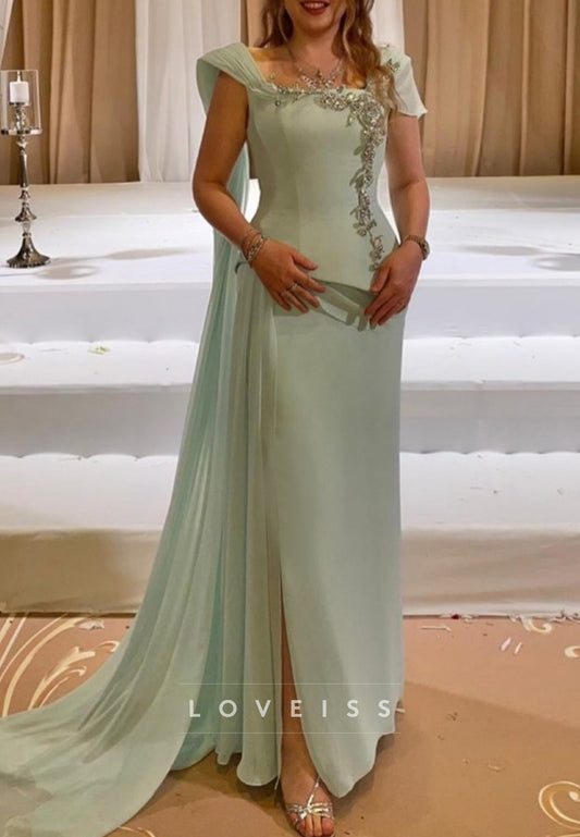 Beaded Square Neck Sheath Gown with Chiffon Cape