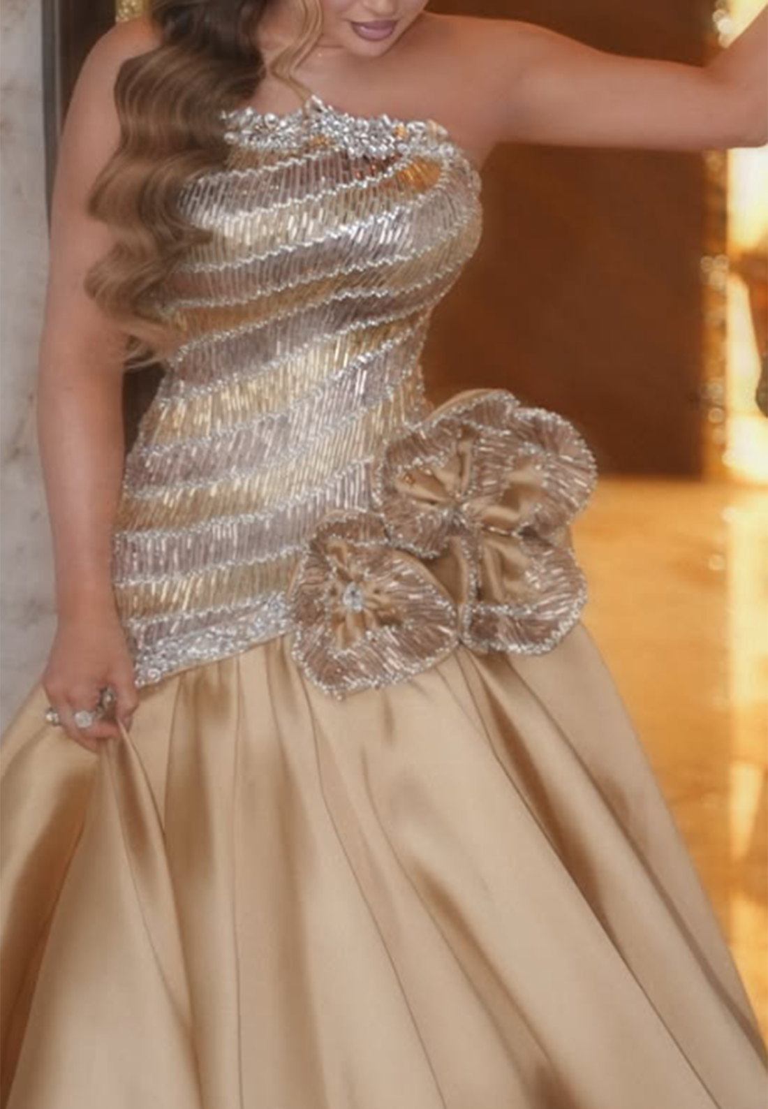 Strapless Beaded Bodice Ball Gown with Floral Accent