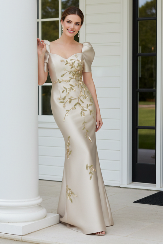 Embroidered Puff Sleeve Mermaid Evening Gown