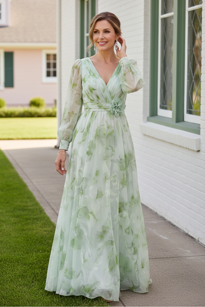 Floral Long Sleeve Chiffon A-Line Maxi Dress