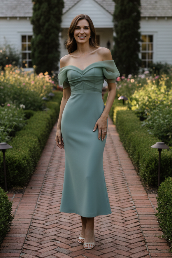 Off-the-Shoulder Ruched Bodice Evening Gown