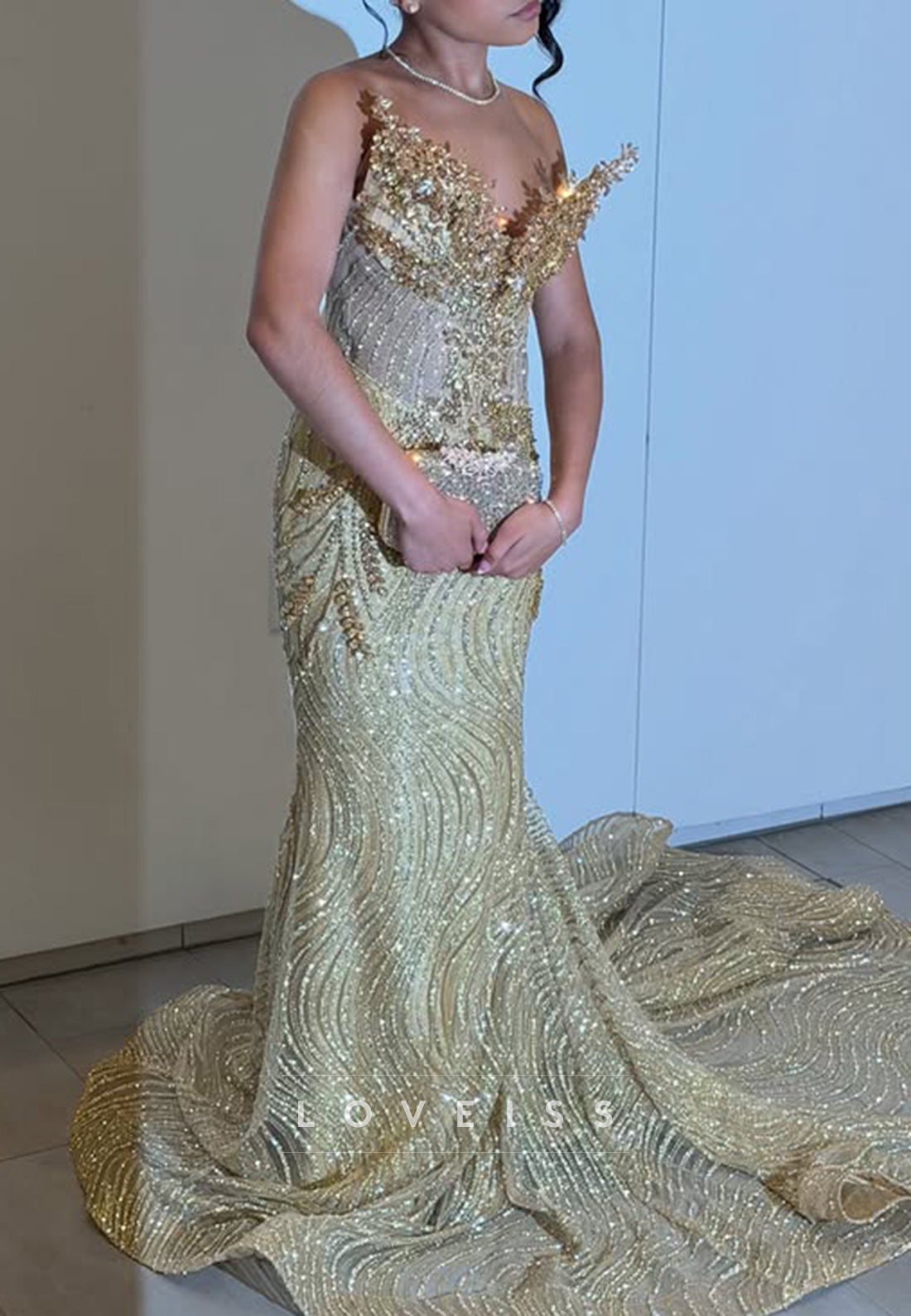Embellished Mermaid Gown with Sweep Train