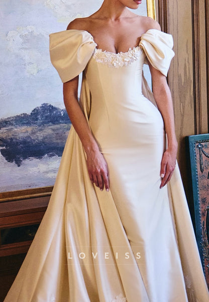 Off-Shoulder Satin Wedding Dress with Lace Applique Neckline