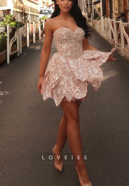 Strapless Sweetheart Sequin Lace Petal Mini Dress