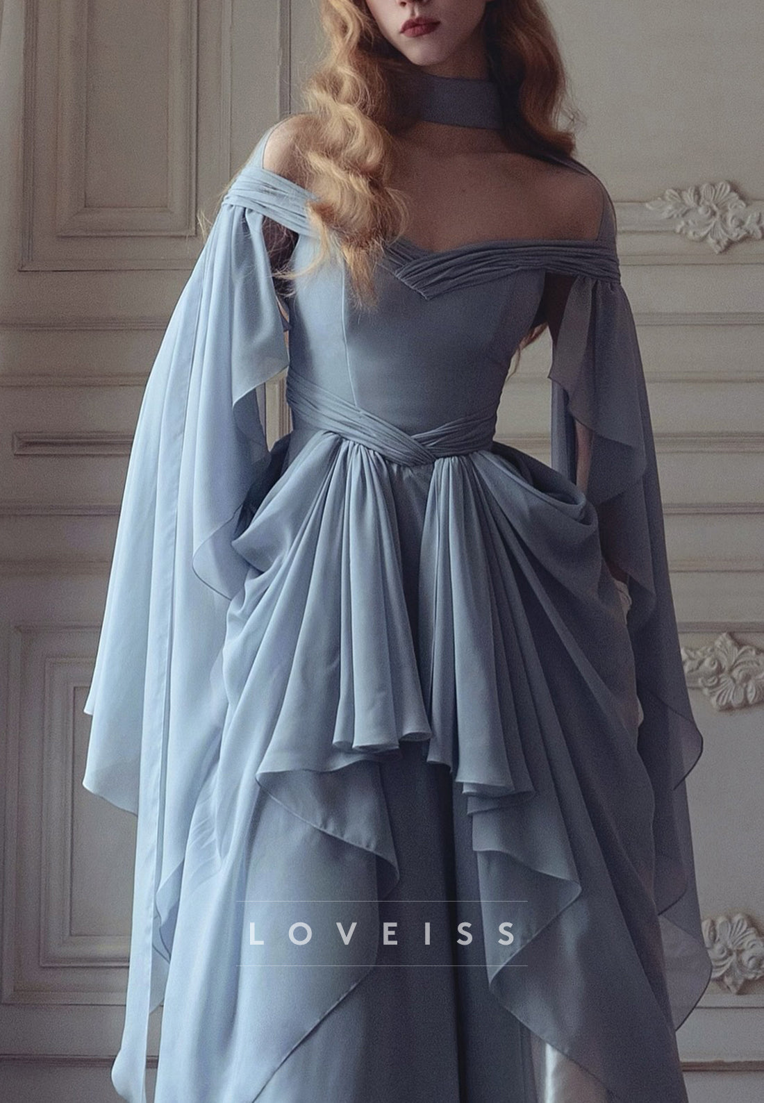 Off Shoulder Chiffon Gown with Bell Sleeves & Ruffle
