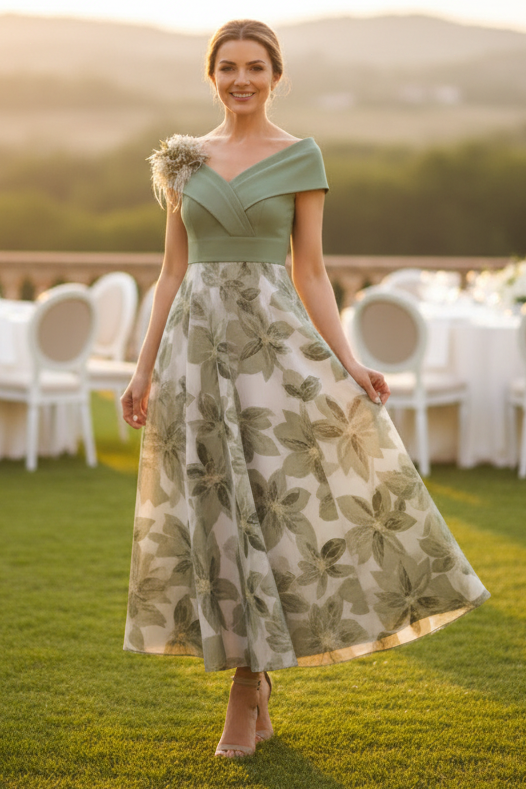 Off-Shoulder Floral Print A-Line Tea-Length Dress
