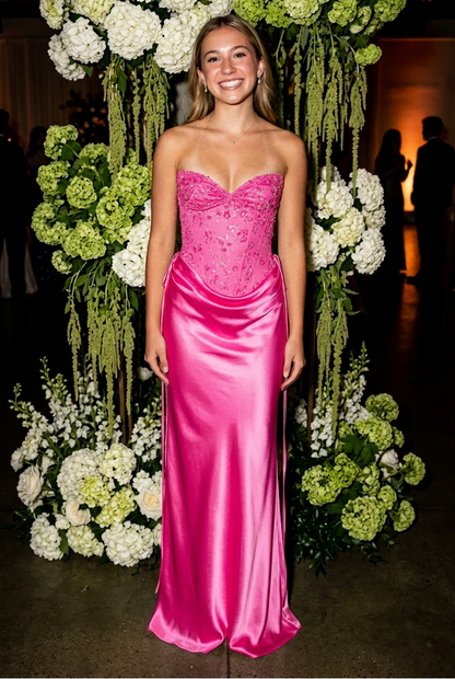Strapless Beaded Corset Gown with Draped Satin Skirt