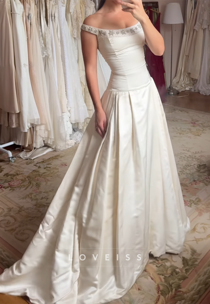 Off-Shoulder Beaded Satin Ball Gown