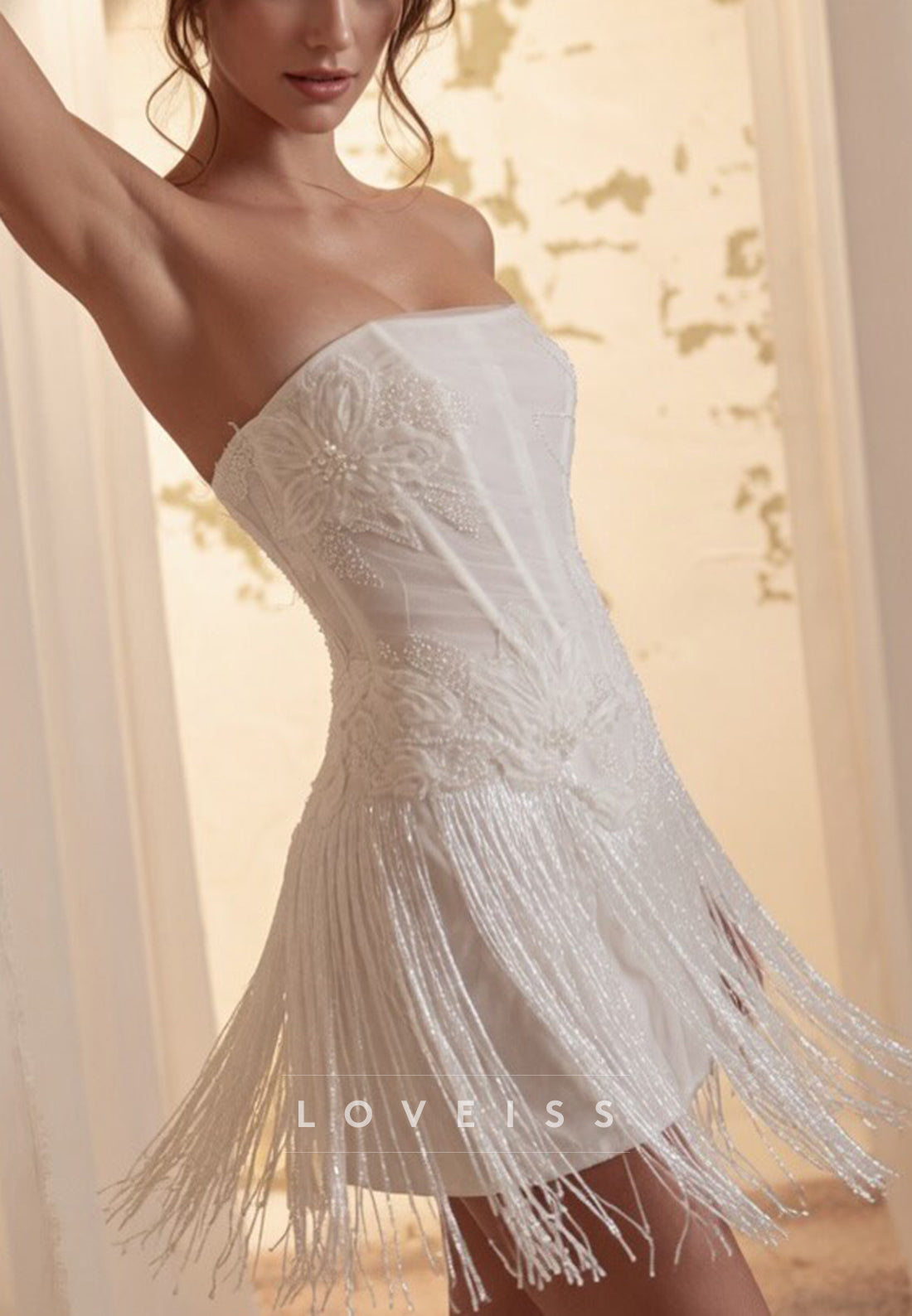 Strapless Beaded Corset Mini Dress with Fringe