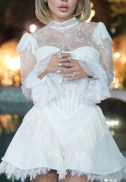 Lace Corset Mini Dress with High Neck & Flared Sleeves