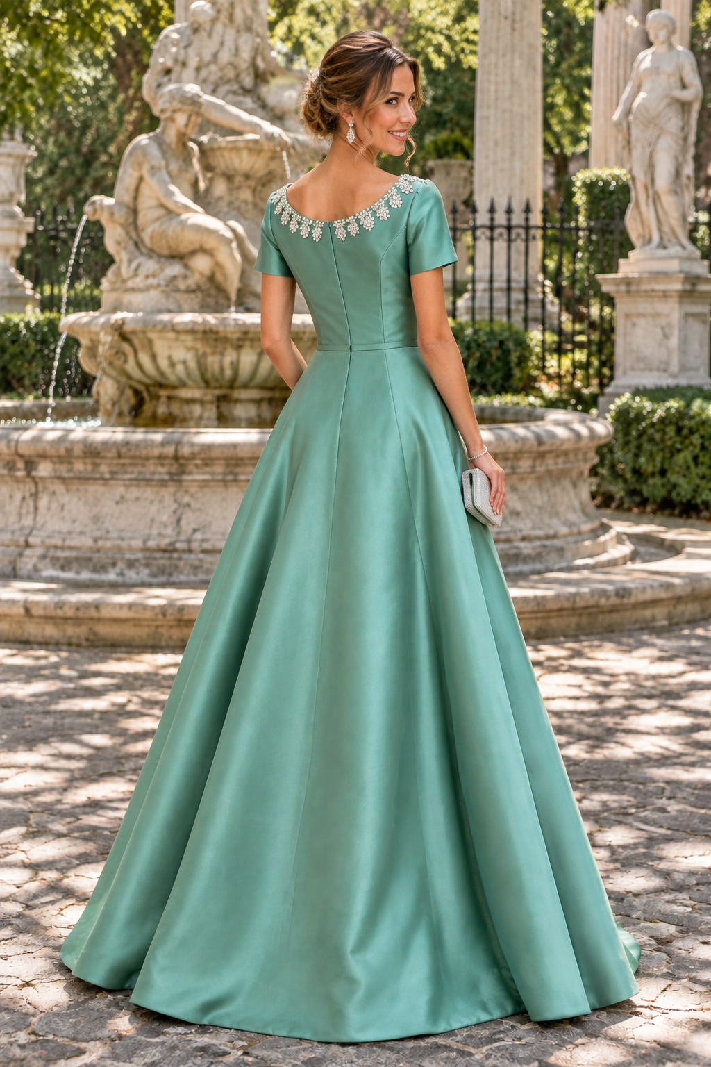 Beaded Collar Short-Sleeve Satin A-Line Gown