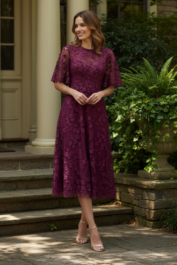 Embroidered Floral Midi Dress with Flutter Sleeves