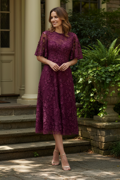 Embroidered Floral Midi Dress with Flutter Sleeves