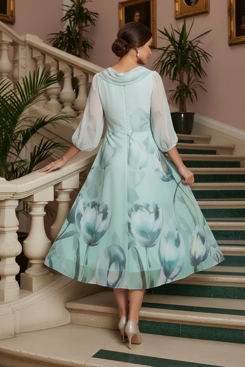 Floral Print Cowl Neck Midi Dress with Sheer Sleeves