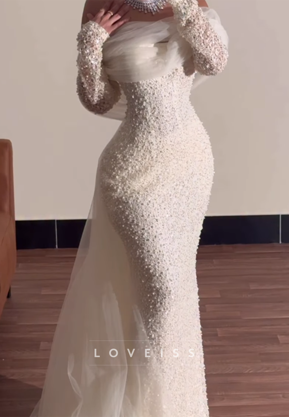Off Shoulder Pearl Beaded Long Sleeve Mermaid Gown