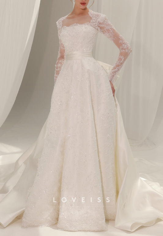 Long Sleeve Lace A-Line Wedding Dress with Bow Back
