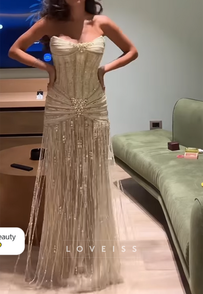 Strapless Beaded Fringe Floor-Length Evening Gown