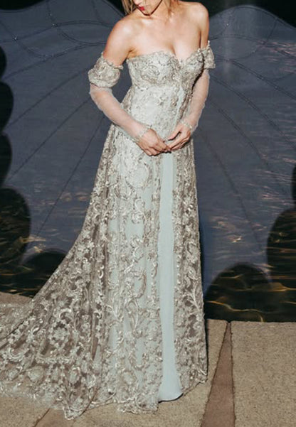 Off-the-Shoulder Embroidered Lace Evening Gown