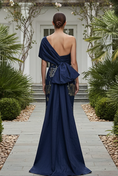 Off-Shoulder Sequin Floral Gown with Draped Train
