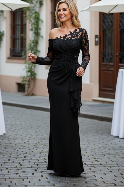 One-Shoulder Illusion Sleeve Satin Evening Gown