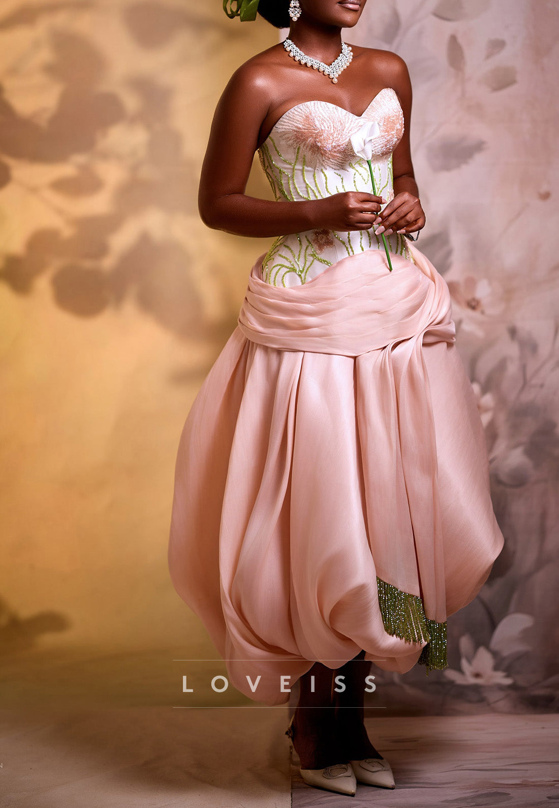 Strapless Beaded Corset Bubble Hem Midi Dress