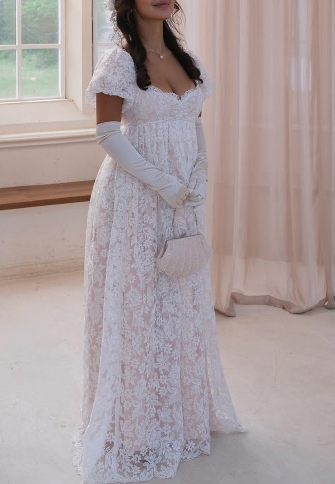 Floral Lace Empire Maxi Dress with Puff Sleeves