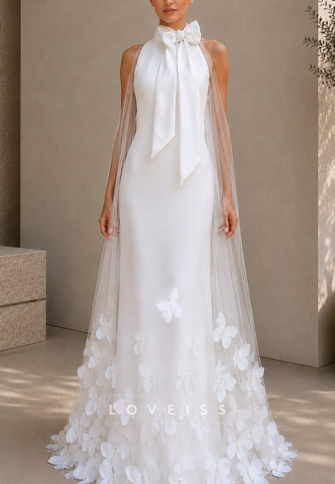 Halter Neck Sheath Wedding Dress with Floral Tulle Cape
