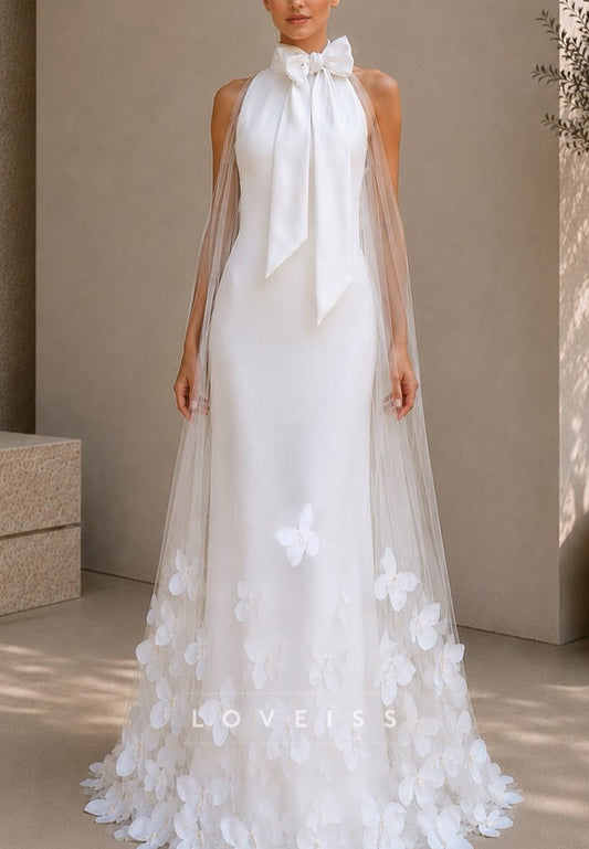 Halter Neck Sheath Wedding Dress with Floral Tulle Cape