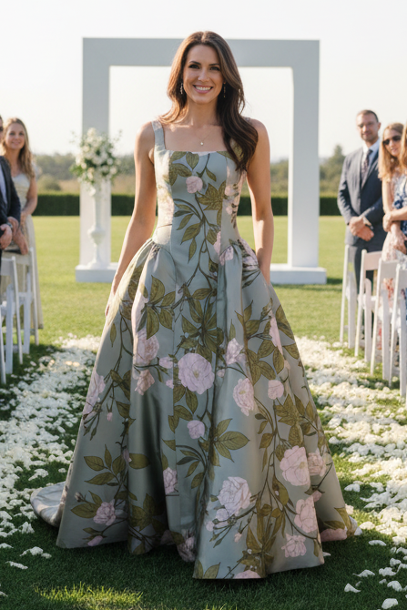 Floral Print Square Neck A-Line Evening Gown