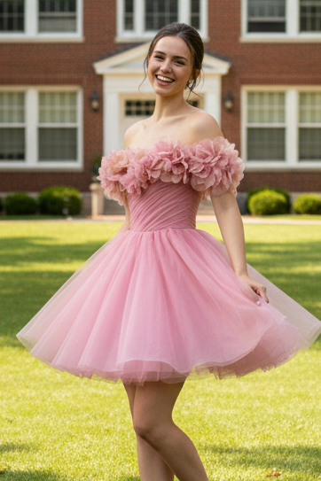 Off-the-Shoulder 3D Floral Tulle Mini Dress