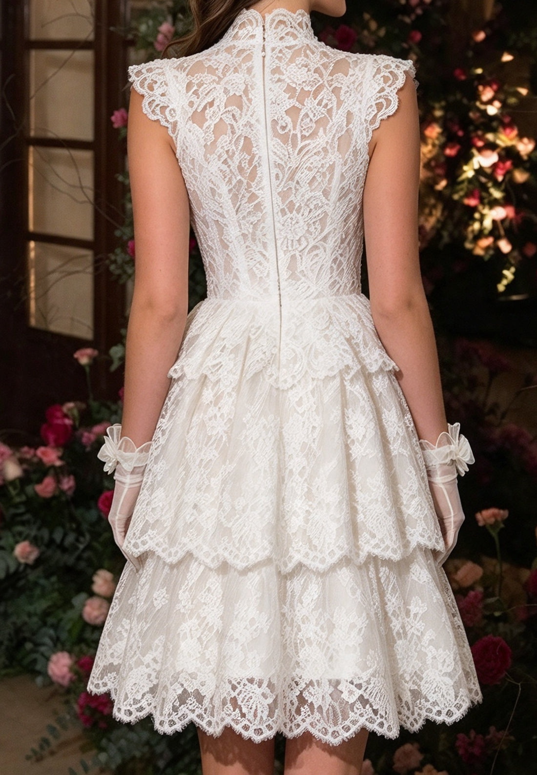 High Neck Tiered Lace Mini Dress