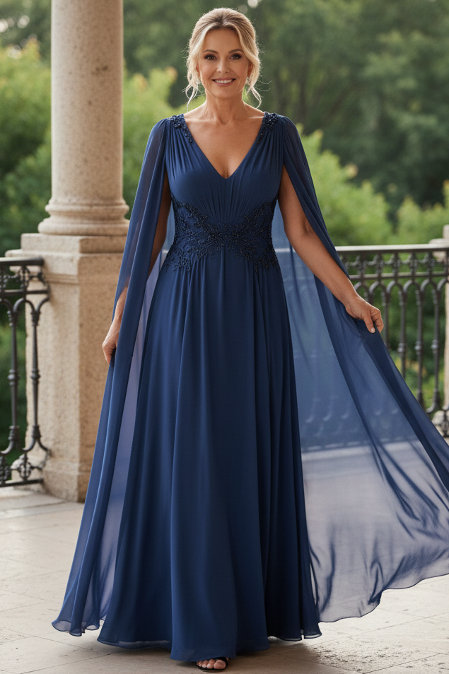 V-Neck Cape Sleeve Chiffon Evening Gown