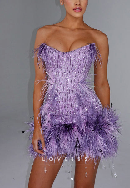 Strapless Sequin Feather Mini Dress with Cape