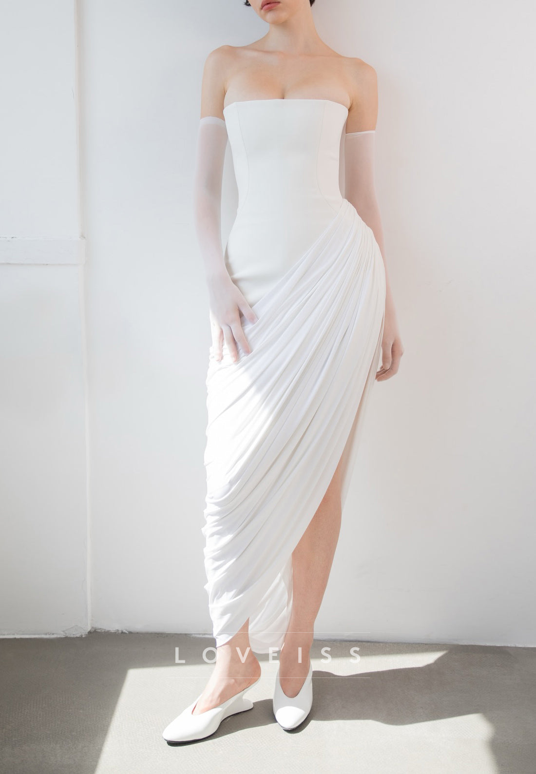 Strapless Pleated High-Slit Wedding Dress