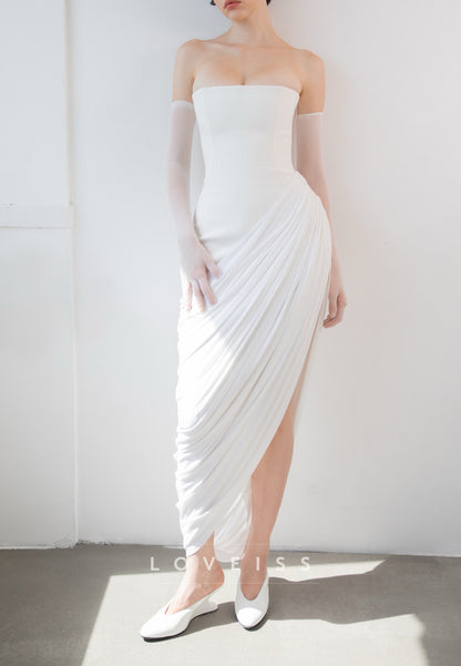 Strapless Pleated High-Slit Wedding Dress