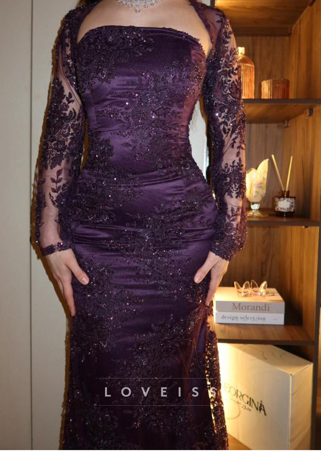 Lace Applique Sequin Long Sleeve Evening Dress