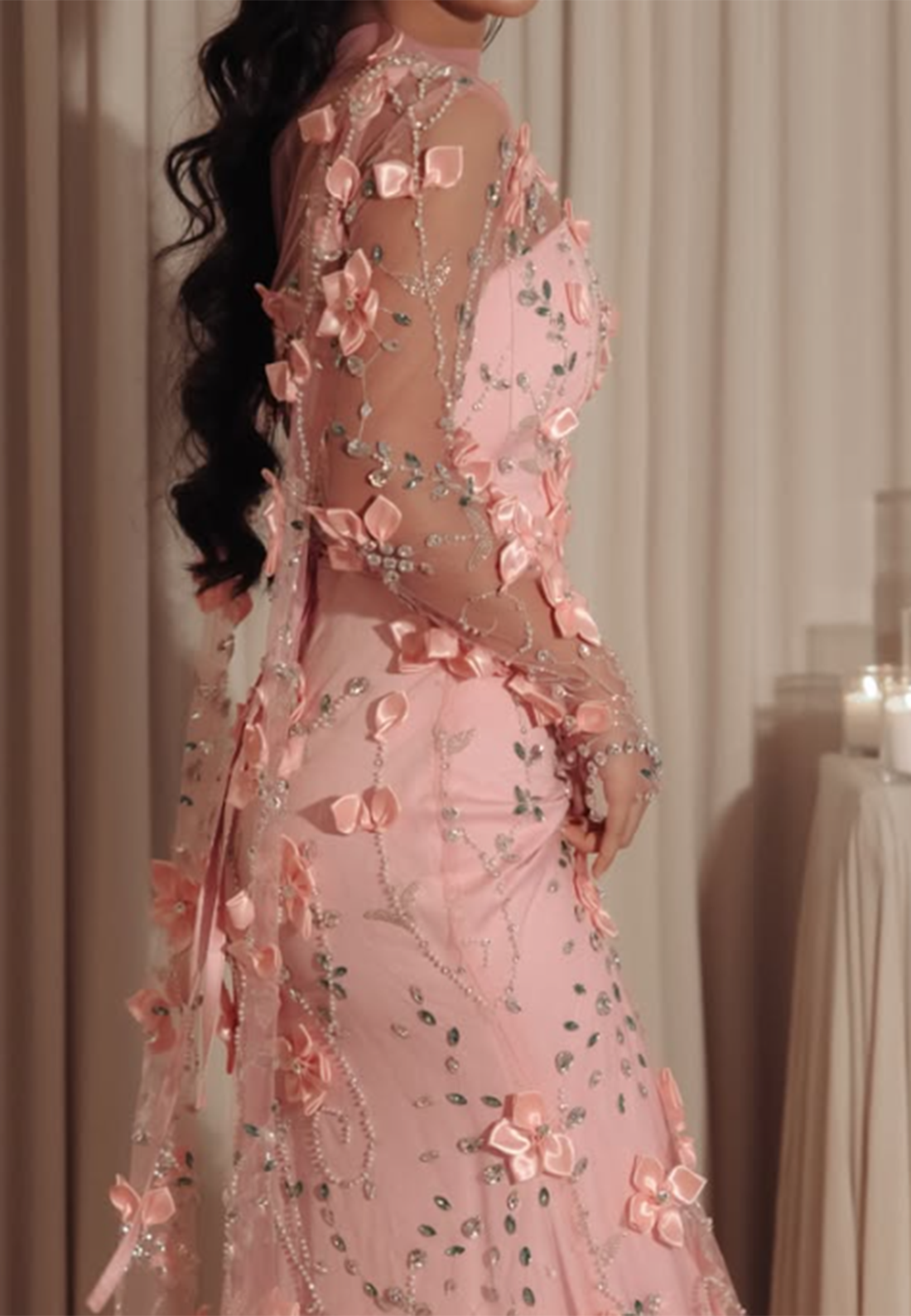 3D Floral Applique Illusion Long Sleeve Evening Gown