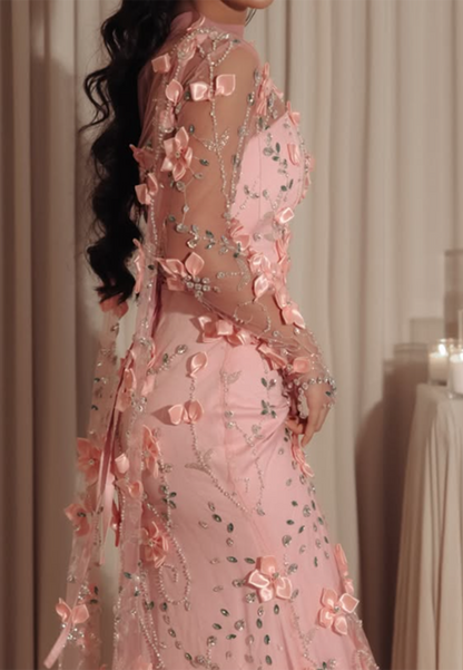 3D Floral Applique Illusion Long Sleeve Evening Gown