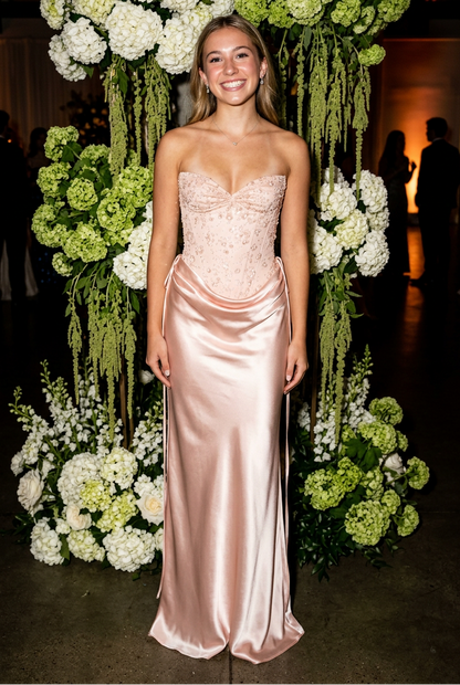 Strapless Beaded Corset Gown with Draped Satin Skirt