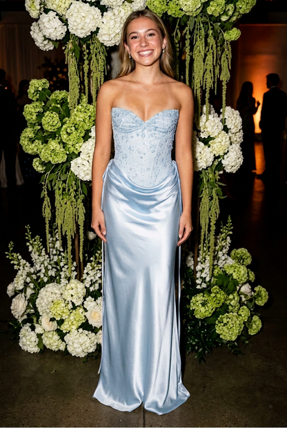 Strapless Beaded Corset Gown with Draped Satin Skirt