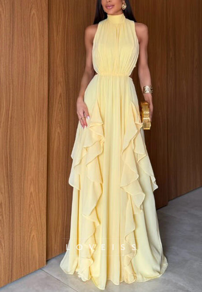 Halter Neck Ruffle Chiffon Backless Maxi Dress