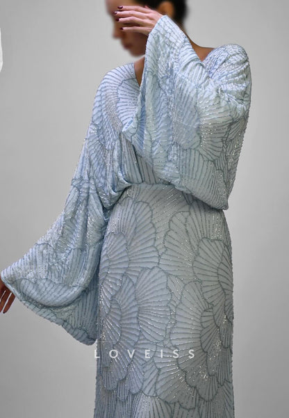 Art Deco Beaded V-Neck Gown with Bell Sleeves