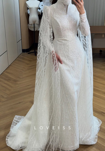 Beaded High Neck A-Line Wedding Dress with Cape
