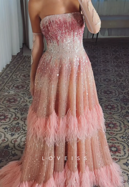 Strapless Ombre Sequin Gown with Tiered Feathers